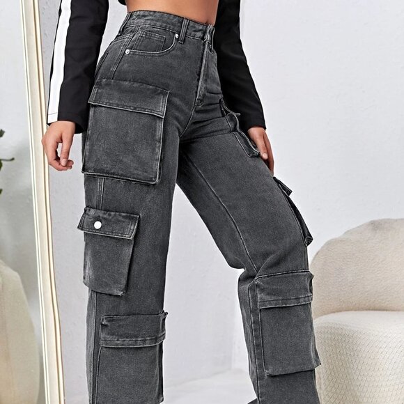 Dark Grey Casual Womens High Waisted Flap Pocket Cargo Jeans - Picture 2 of 5